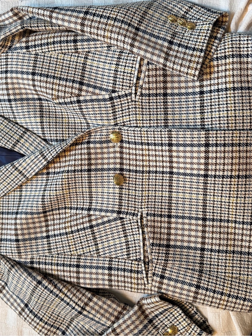 Talbots Plaid Sport Coat in Tan, Black & Cream with Gold Buttons
